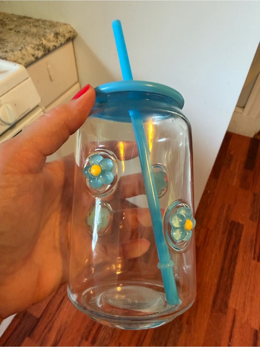 Blue Floral Glass Drinking Jar with Straw